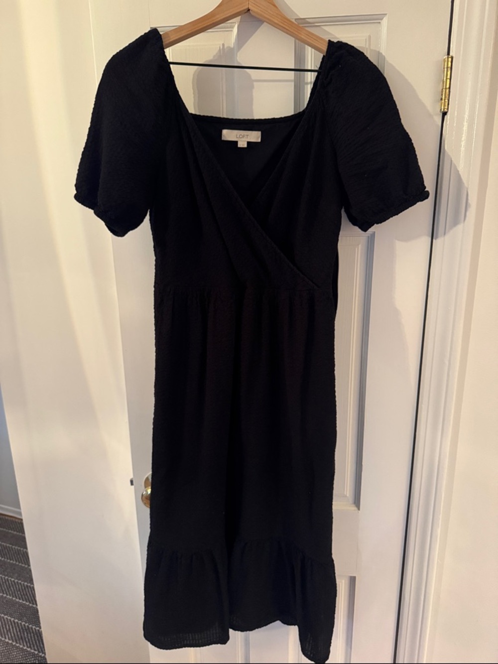 LOFT Black Puff Sleeve Wrap-Style Midi Dress